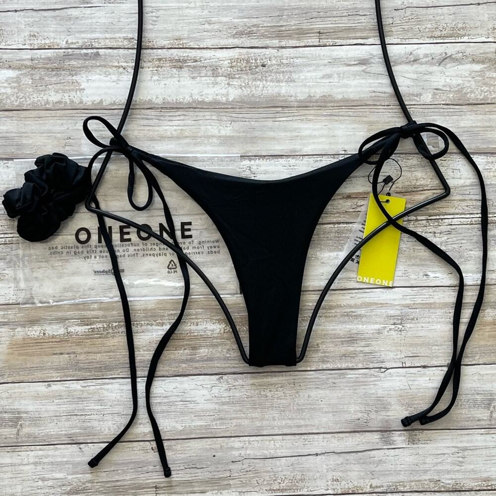 OneOne Swimwear ARIEL Bikini Bottom Medium Black Tie-Side Skimpy Midnight Black